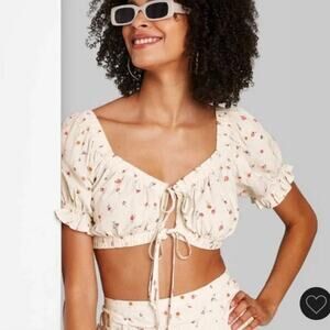 NWT Wild Fable Cream Floral Tie-Front Puff Sleeve Lace Up Crop Top Size Large